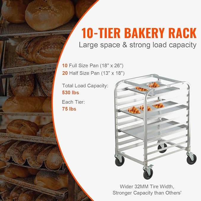 VEVOR 10-Tier Bun Pan Rack Aluminum Racking Trolley Storage with Brake Wheels Commercial Bakery Racks for Half &amp Full Sheet Speed Rack For Kitchen Home Bread Baking Equipment 26L x 20.3W x