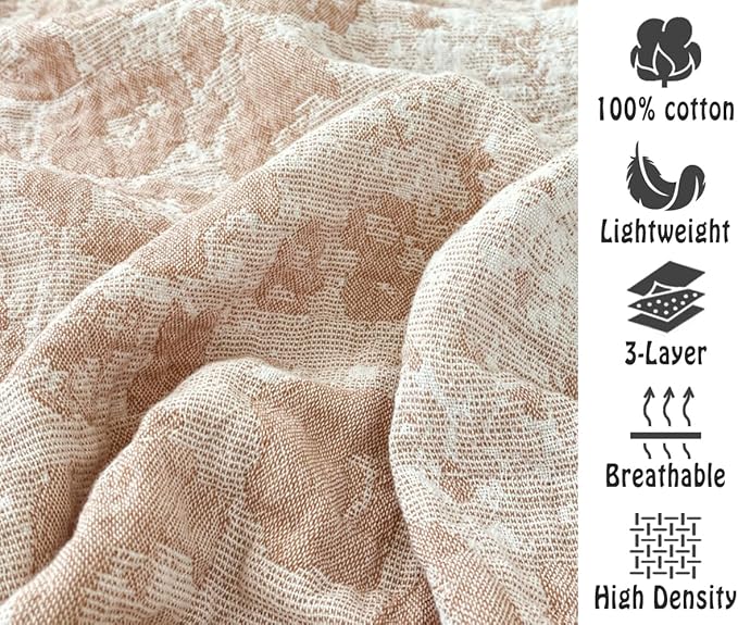 ITFRO Leopard Cooling 3 Layer Cotton Muslin Blanket for Hot Sleepers 80x92 Inches Lightweight Breathable Reversible Summer Camping Blanket All Seasons for Couch Sofa Bed (Leopard Khaki 80x92)