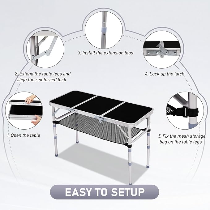 VINGLI Small Folding Table Portable 3FT Aluminum Foldable Camping Table for Picnic Card Table with 3 Adjustable Height &amp Carry Handle for Outdoor Indoor Hiking Camp BBQ Beach-Black