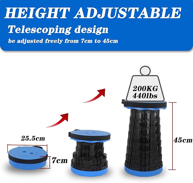 Collapsible Stools for Adults Portable Collapsible Stool Folding Stool Lightweight with Sturdy Versatile Telescoping for Camping Hiking BBQ Outdoor Adventure (Load Capacity 440lbs Blue)