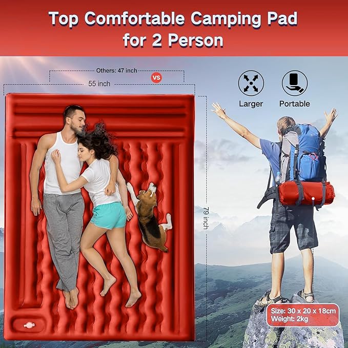 Double Sleeping Pad Camping Self Inflating 6'' Extra-Thick 2 Person Pillow Built-in Foot Pump Waterproof Inflatable Sleeping Mat Backpacking Tent Hiking Portable Camping Pad (Orange-Black)