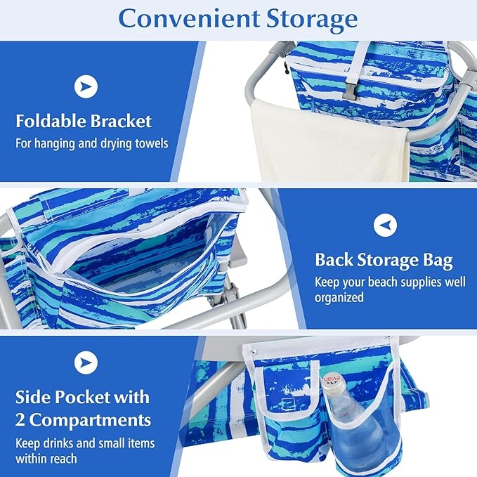 COSTWAY Backpack Beach Chair Foldable Camping Chair with 5 Adjustable Position Cup Holder Storage Pockets Straps Towel Rack Pillow for Patio Outdoor (Blue Stripe2)