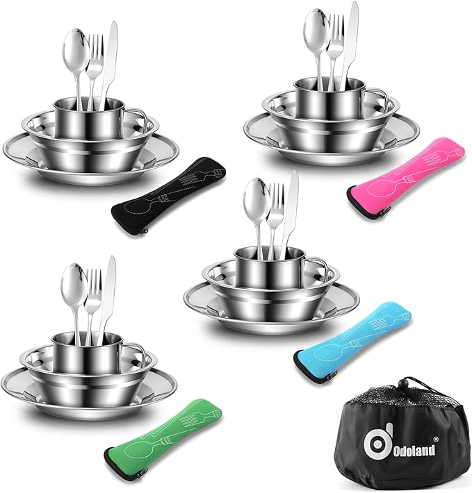Odoland 29pcs Stainless Steel Utensils Camping Mess Kits with Bowls Plates Cups Forks Spoons and Knives for 4 Cutlery Flatware Set for Backpacking Outdoor Camping Hiking and Picnic