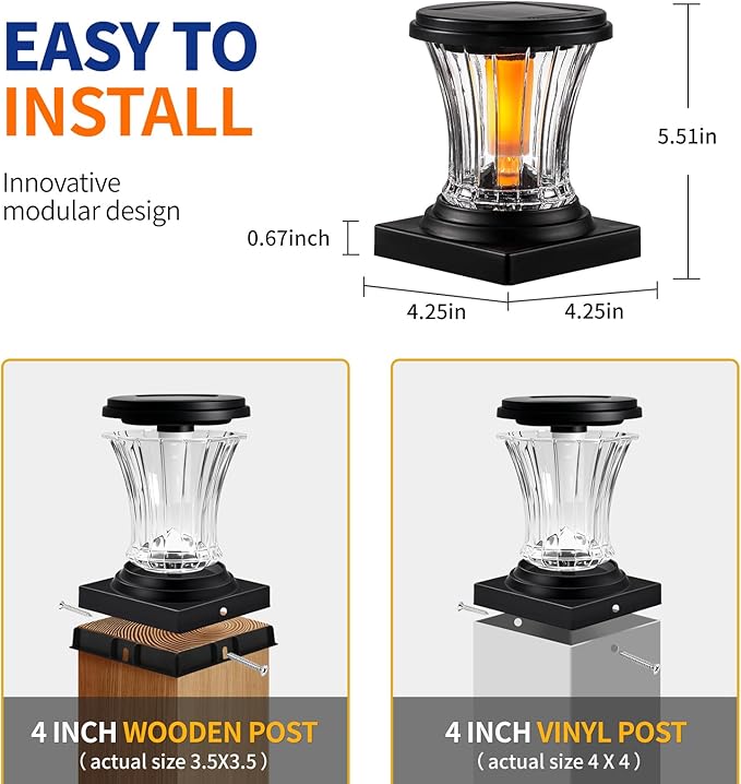 Glass Solar Flame Post Cap Lights Outdoor Waterproof Flickering Flame Solar Powered Fence Post Lights with Modular Design Auto On/Off for Deck Patio Garden 4x4 Vinyl/Wood Posts (4 Pack)