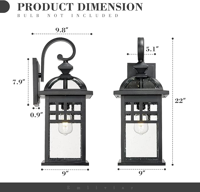 Emliviar Large Black Outdoor Wall Light 22 Inch Farmhouse Outdoor Lights for House Die-cast Aluminum with Seeded Glass Shade DE281B-M BK