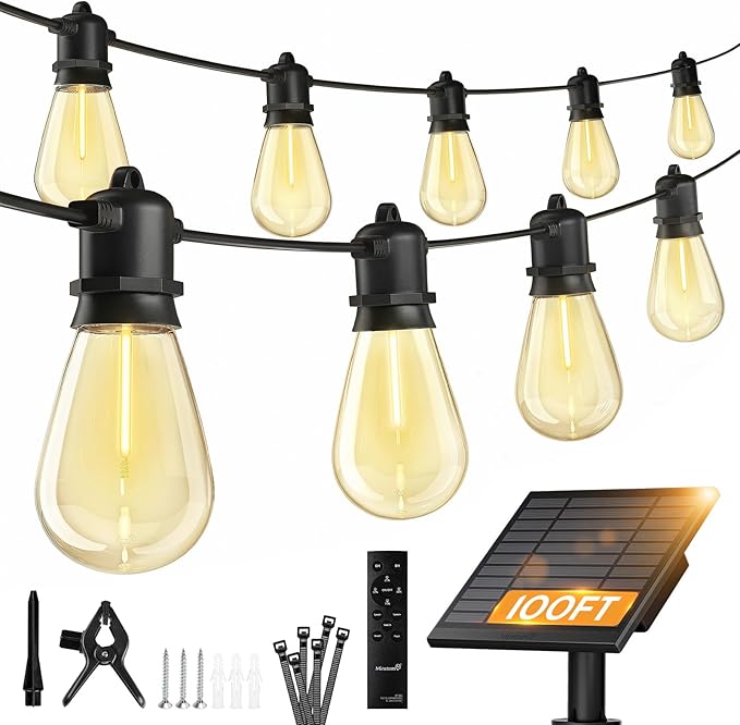 Minetom 100FT Solar-String-Lights-Outdoor-Waterproof 31+2LED S14 Shatterproof Bulb Patio Lights with Remote Type-C Port Timable 3 Light Modes Dimmable Solar String Lights for Outside Yard Camping