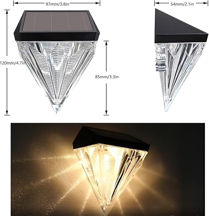 Diamond Solar Garden Lights Outdoor Waterproof LED Solar Deck Lights Outdoor Patio Wall Decor for Fence Deck Step Wall Railing Patio Warm White 4Pack