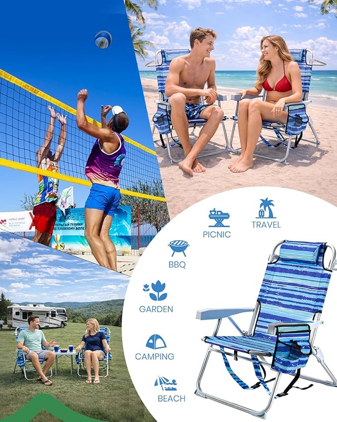 GVDV Backpack Beach Chairs for Adults 2 Pack Portable Lay Flat Folding Chair with Cup Holder and Towel Bars 4-Position Adjustable Reclining Chair for Beach Camp Outdoor Blue and White Stripes
