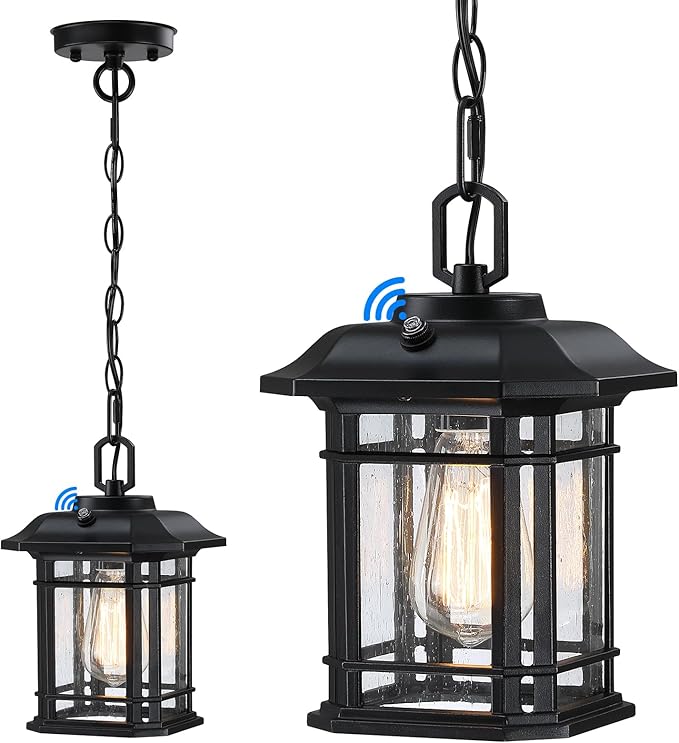 Dusk to Dawn Pendant Lights - 10.25'' Black Exterior Hanging Lanterns Farmhouse Outdoor Ceiling Light Fixture Waterproof Tempered Seed Glass Chandelier 1Pack