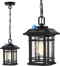 Dusk to Dawn Pendant Lights - 10.25'' Black Exterior Hanging Lanterns Farmhouse Outdoor Ceiling Light Fixture Waterproof Tempered Seed Glass Chandelier 1Pack