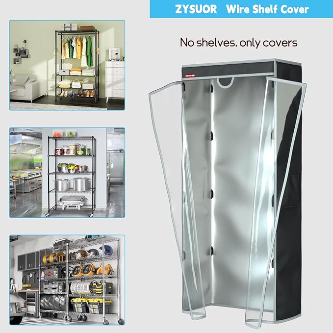 Waterproof and Dustproof Shelf Cover for Storage Shelving and Wire Rack Fits Racks 30 L x 14 D x 62 H Clear Front Cover with Zipper Design (Black No Shelves)