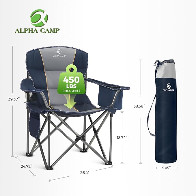ALPHA CAMP Heavy Duty Camping Chair 500LBS Capacity Oversized Folding Chair for Heavy People Padded Portable Outdoor Chair with Cooler Bag &amp Cup Holder for Camping Fishing Beach