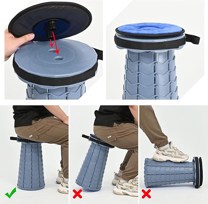 2 Pack Upgraded Collapsible Stool Folding Stool with CushionRetractable Folding Stool Max Load Capacity 400lbs Portable Telescoping Stools for Camping Hiking Outdoor BBQ -Grey