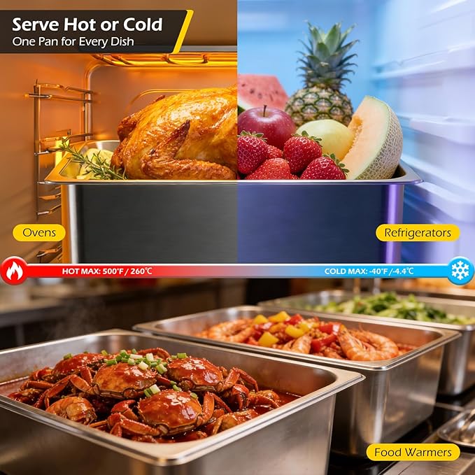 Dyna-Living 3 Pack Full Size 6 Inch 8 Inch Hotel Pan Perforated Steam Table Pans with Lid Stainless Steel Chafing Dish Pans Commercial Food Pan for Catering Buffet Hotel Home Restaurant Supplies