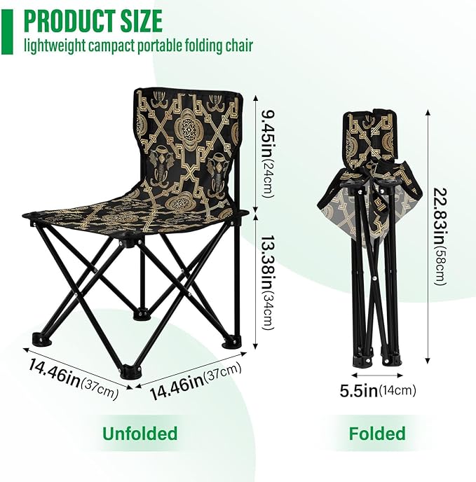 KLL Ethnic Elephant Black Gold Foldable Foldable Chairs Ultra-Lightweight Packable Chair Carry Bag Included Outdoor Chairs for Lawn Outside