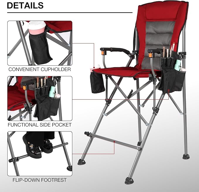 Extra Tall Folding Chairs for Adults 2 Pack Portable Bar Height Foldable Director Chairs for Camping Outside Comfortable with Makeup PocketHigh Back and Footrest Black and Red