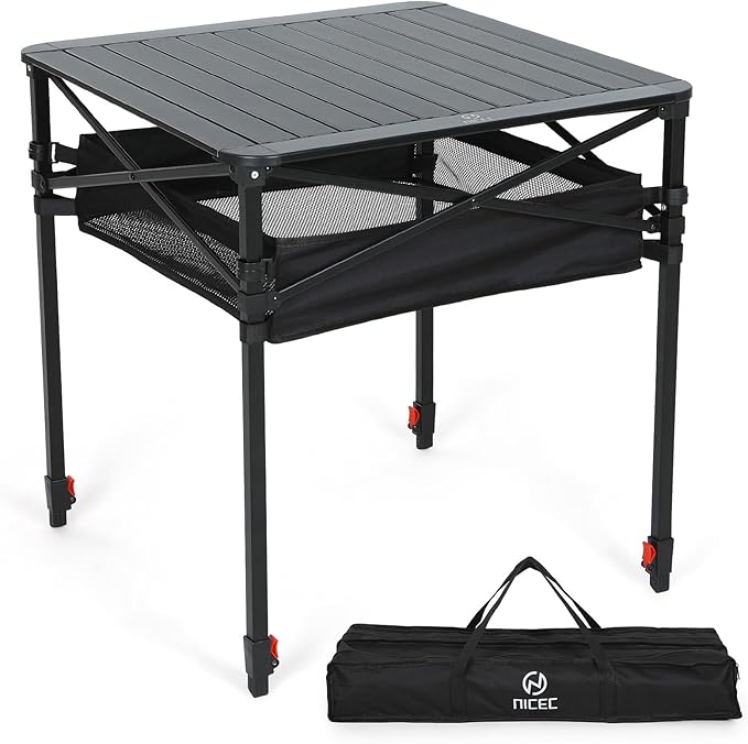 Nice C Aluminum Square Table Adjustable Height Folding Camping Table Lightweight Collapsible Table with Roll-up Tabletop Carry Bag for Outdoor Camping Picnic backyards BBQ (27'' Large)
