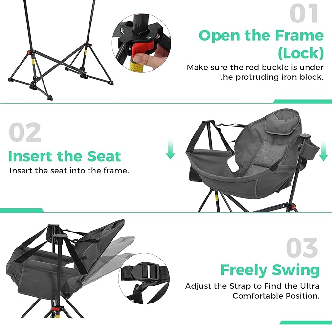 Ainfox Hammock Camping Chair Foldable Portable Rocking Chairs for Adults Outside Swinging Camp with Cup Holder Pillow for Outdoor Patio Lawn (Grey)