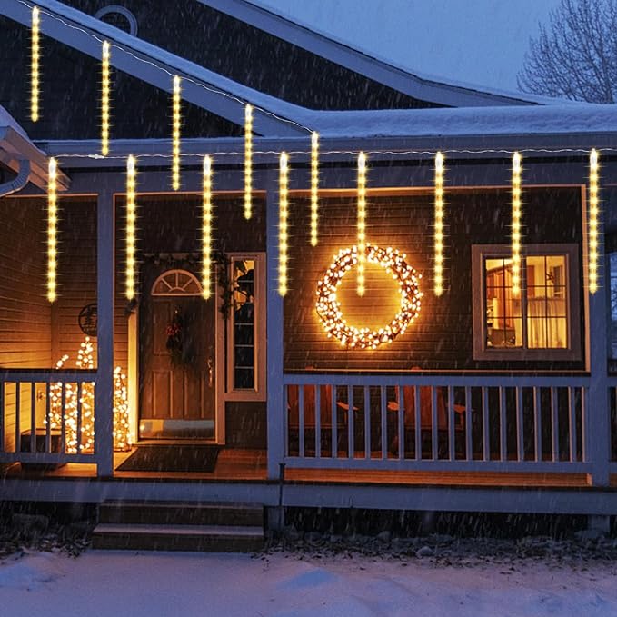 LJLNION 24 Tubes Meteor Shower Lights Outdoor Icicles Christmas Decor 12 Inch 864 LED Snow Falling Connectable Raindrop Lights Xmas Wedding Party Tree Holiday Decoration Warm White