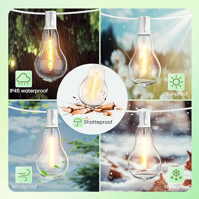 Outdoor String Lights 100FT LED Patio String Light String Lights for Outside with 53 LED Bulbs (3 Spare) White Outdoor Light for Yard Gazebo Pergola Porch Balcony White Cord