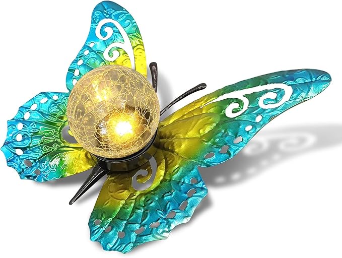 Solar Lights Outdoor Garden Butterfly Decor Metal Butterfly Statue Decoration with LED Crackle Glass Globe Solar Powered Lighted Garden Art Decor for Patio Lawn Yard Pathway Tabletop Ground