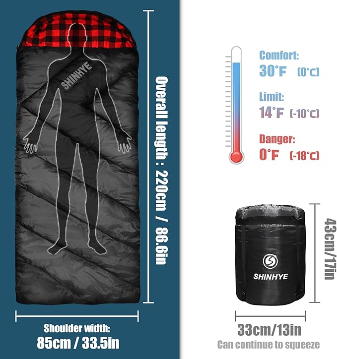 ShinHye 0 Degree Sleeping Bag for Adults - Cotton Flannel 4 Season Cold Weather Winter XXL Big and Tall Camping Sleeping Bag with Compression Sack