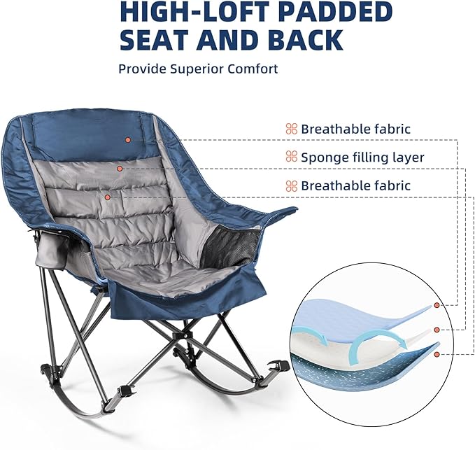 Oversized Rocking Camping Chair for Adults - 400lbs Capacity Padded Camp Chair with Cup Holder Portable Foldable Outdoor Rocker Chair for Camping Backyard Patio (Blue &amp Gray)