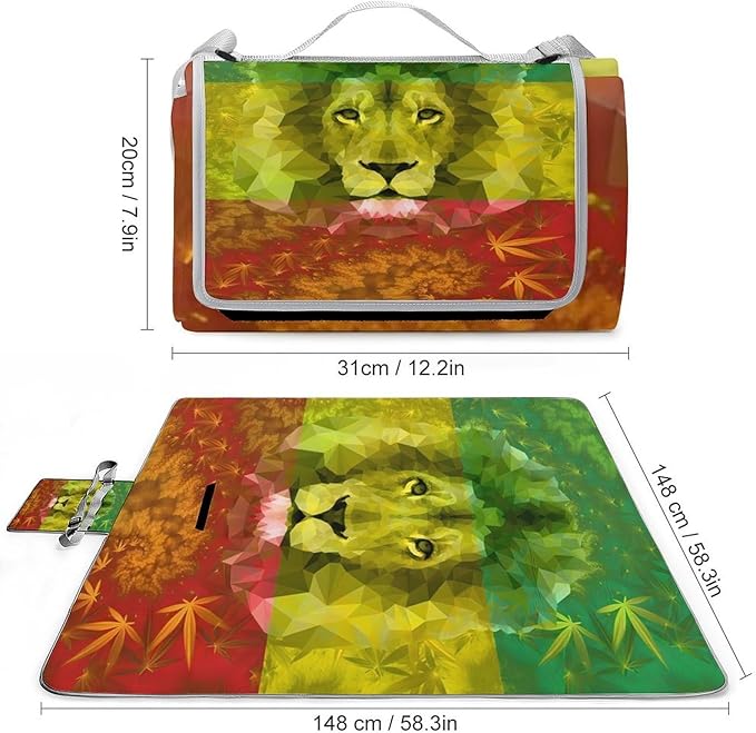 Jamaican Flag Rasta Lion Lover Waterproof Outdoor Picnic Blanket Sandproof Beach Mat for Camping Hiking Grass Travelling