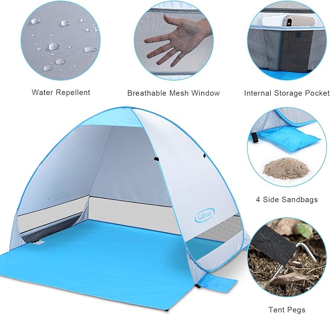 G4Free Large Pop up Beach Tent for 3-4 Person UPF 50+ Automatic Sun Shelter Canopy Portable Outdoor Cabana Sun Umbrella