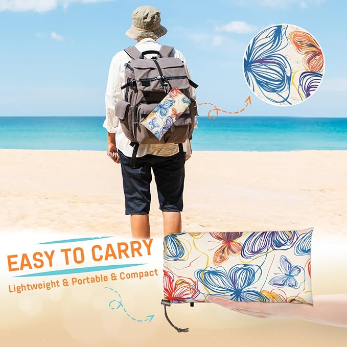 Waterproof Sandproof Beach Blanket 59''×68'' Hollow Butterflies Polyester Outdoor Picnic Blanket with 4 Stakes &amp Storage Bag for BeachCampingVacation Beige