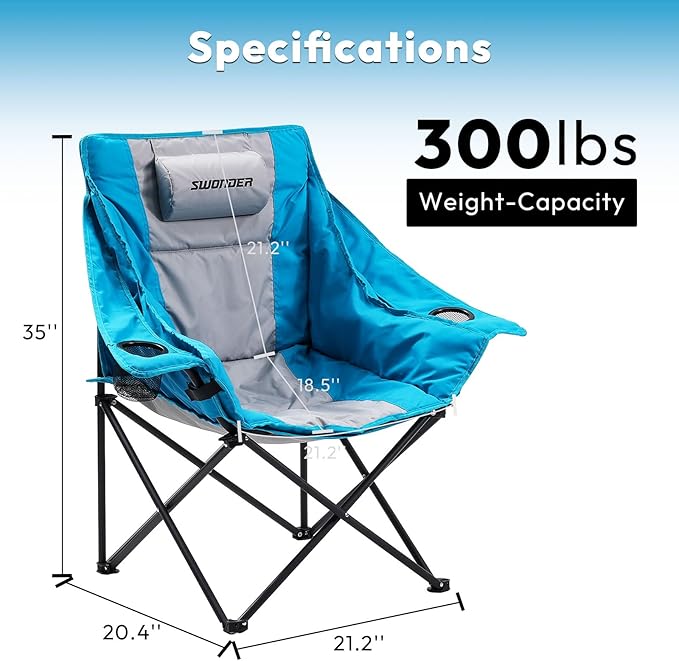 Swonder Oversized Moon Camping Chair with Innovative 2-in-1 Removable Seat Cushion for All Seasons Heavy-Duty Fully Padded Folding Outdoor Chair with Headrest and Carry Bag