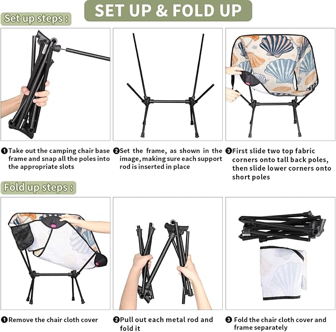 Honeybaby Folding Camping Chair Beautiful Seashells Print Camping Chairs Lightweight Portable Chair Outdoor Foldable Chairs for Camping Travel Picnic Beach Hiking