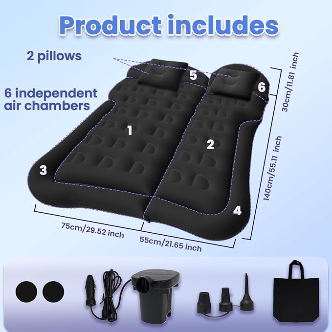 Car Air Mattress - Inflatable Bed SUV Mattress for Cars RV Truck Backseat Trunk Portable Camping Bed Flocked Airbed Sleeping Mat for Vehicle Travel Road Trip Indoor&ampOutdoor Activities (Black)