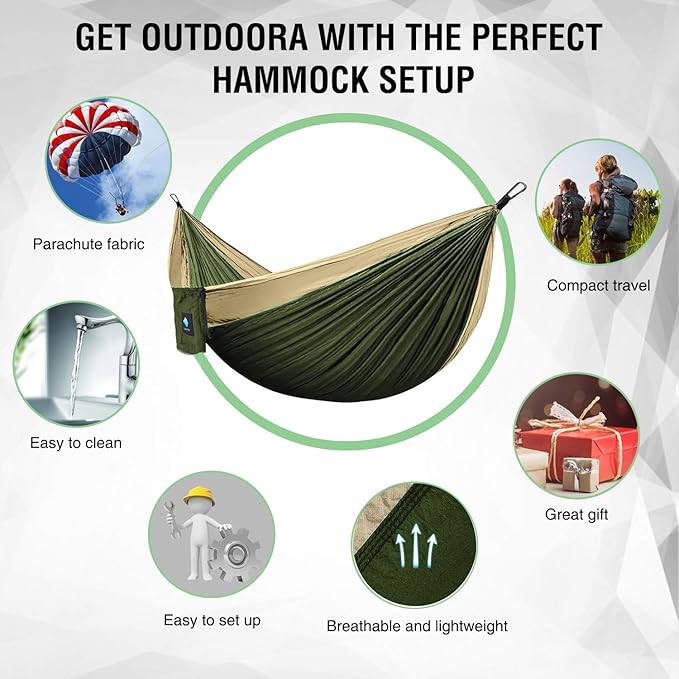 Double Hammocks for Camping Portable Parachute Hammock for Outdoor Hiking Travel Backpacking - Hammocks Swing for Backyard &amp Garden 78''W 118''L (Khaki/Green)