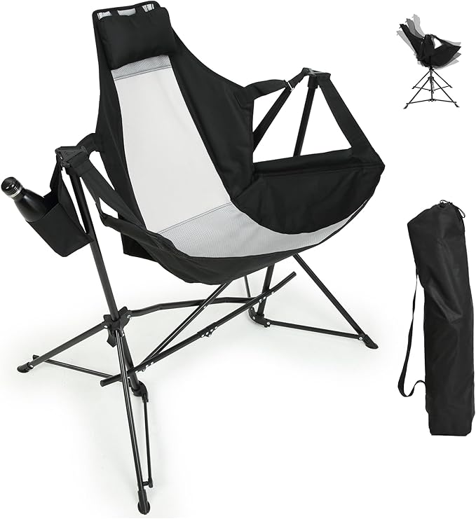Hammock Folding Camping Chair - Outdoor Portable Swing Camp Chairs with Stand Adults Rocking Swinging Chair for Beach Lawn Patio (Black)