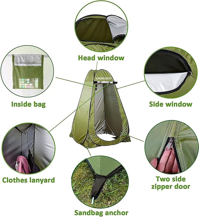 Pop-up Shower Tent &amp 20L Solar Shower Bag Combo - Waterproof Camping Privacy Shelter with Portable Heated Water Reservoir for Outdoor Bathing Beach Hiking (Green 120x120x190cm)