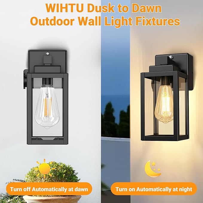 WIHTU Outdoor Wall Light Fixtures Dusk to Dawn Outdoor Wall Sconce with Outlet 2-Pack Porch Sconces Mounted Lighting Porch Lights with E26 Waterproof Wall Lamps for Patio Front Door