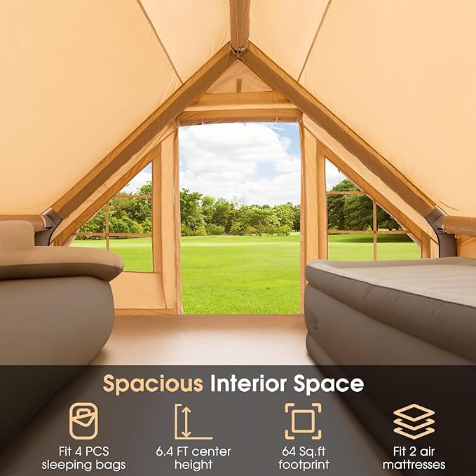 KOTEK Inflatable Camping Tent with Pump Easy Setup Air Glamping Tents for 4-6 Persons Inflatable Cabin Tent with Mesh Windows &amp Doors 4 Season Blow up Tent Portable with Carry Bag