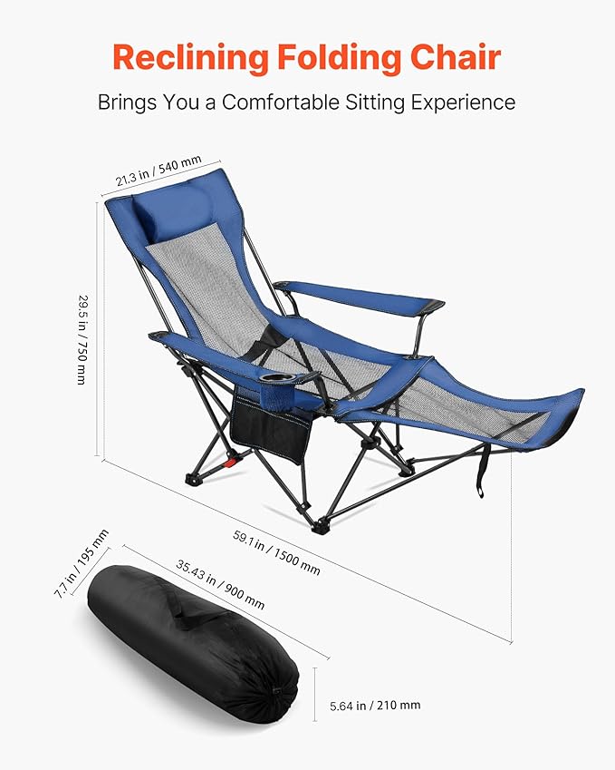 VEVOR Reclining Camping Chair 4 Adjustable Positions Portable Folding Lounger for Adults Mesh Beach Chair with Headrest &amp Foot Rest Supports 220 lbs Heavy Duty Camp Chairs for Patio Blue
