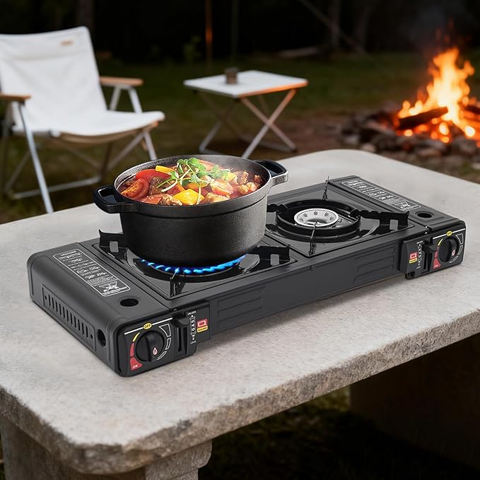 2-Burner Portable Camping Stove Butane Camping Stove Outdoor Travel Camp Stove for Camping BBQ Home (without Grill Tray)