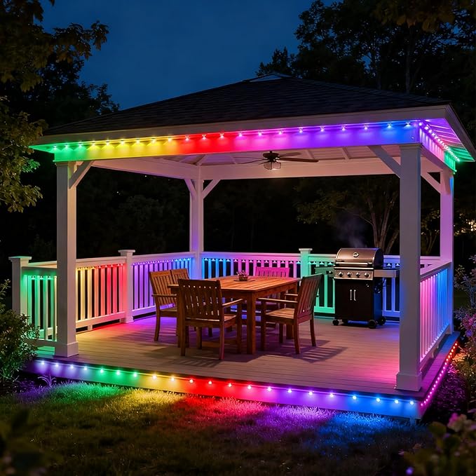 GOESWELL Smart Permanent Outdoor Lights for Patio: IP68 Waterproof Smart Balcony Lights with App &amp Remote Control - 16ft Garden Fence Light with 25 LED Bulbs for Railing Stair Decor