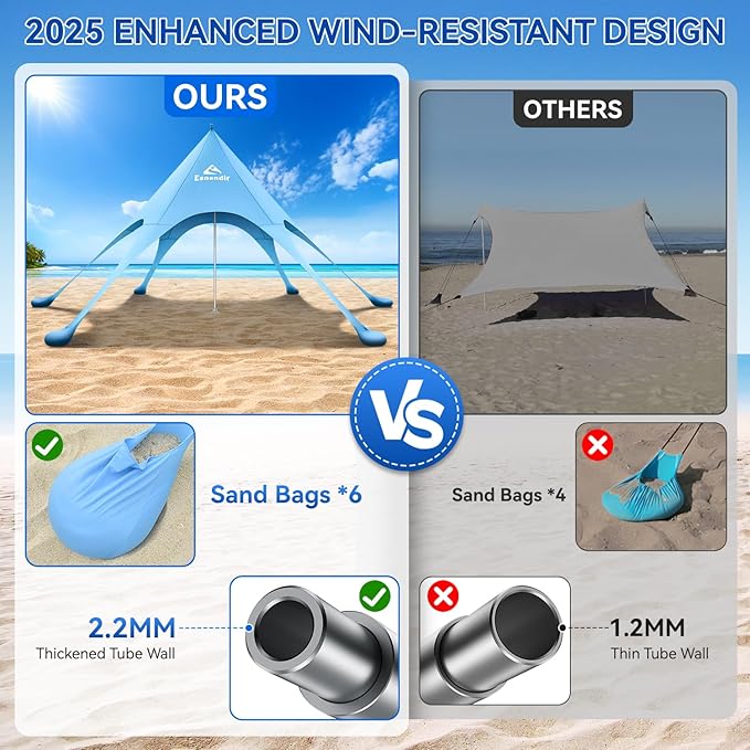 Beach Tent Sun Shelter &amp Portable Beach Canopy UPF 80+ UV Protection Beach Shade Canopy with 6 Sandbags Sand Shovel Ground Pegs for Outdoor Camping Picnics (12x12ft Sky Blue)