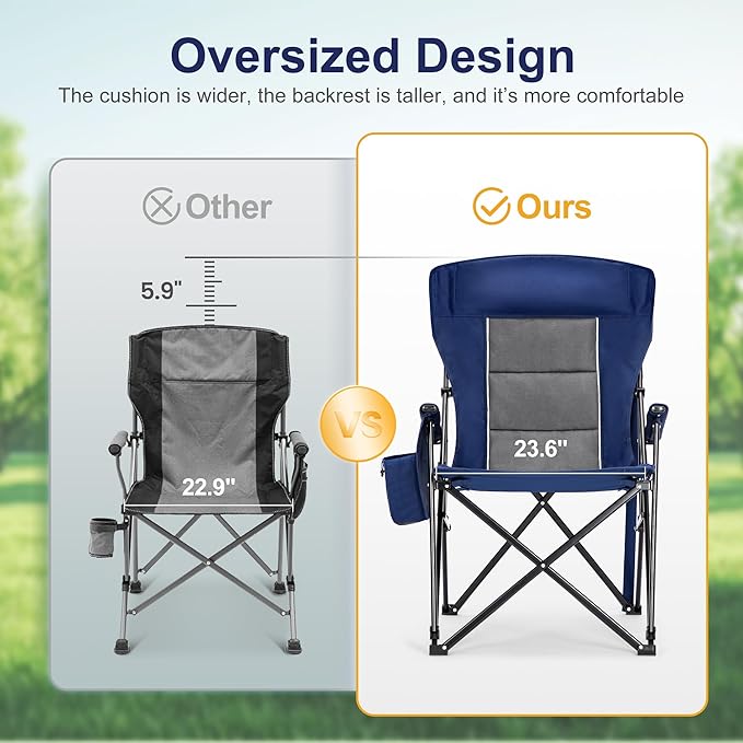 LET'S CAMP Oversized Camping Chairs 29.52 High Back Heavy Duty Lawn Chair Support 500LBS Portable Collapsible Chair with Cup Holder Side Pocket2 Pack(Blue)