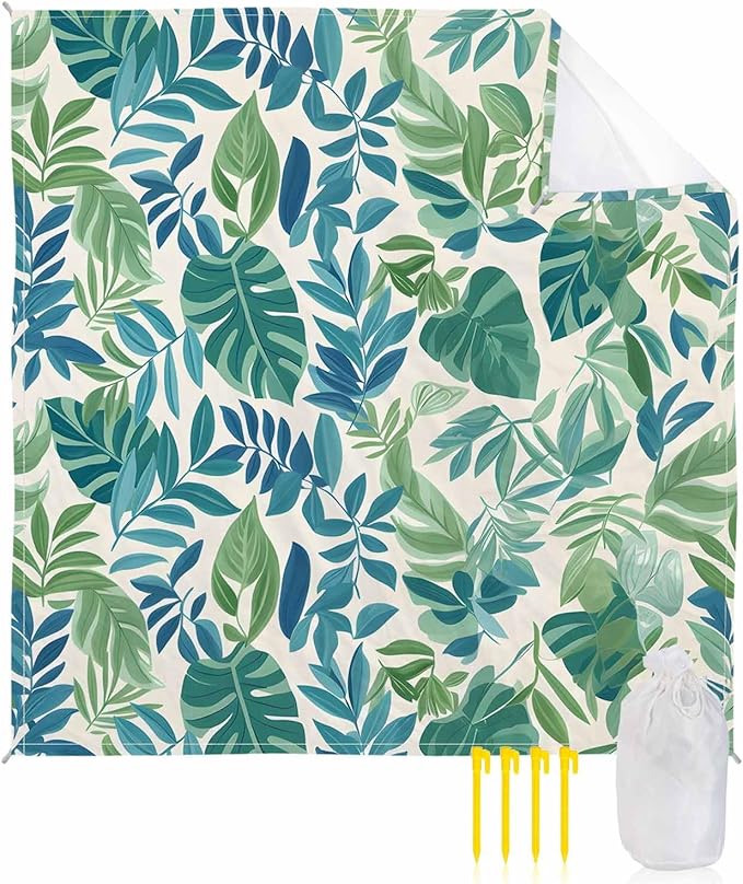 Summer Tropical Plant Beach Blanket Waterproof Sandproof Green Blue Leaf Pastoral Style Beach Mat Quick Drying Outdoor Picnic Mat 108 x 84 for 1-6 Adults Essentials for Travel Camping Hiking