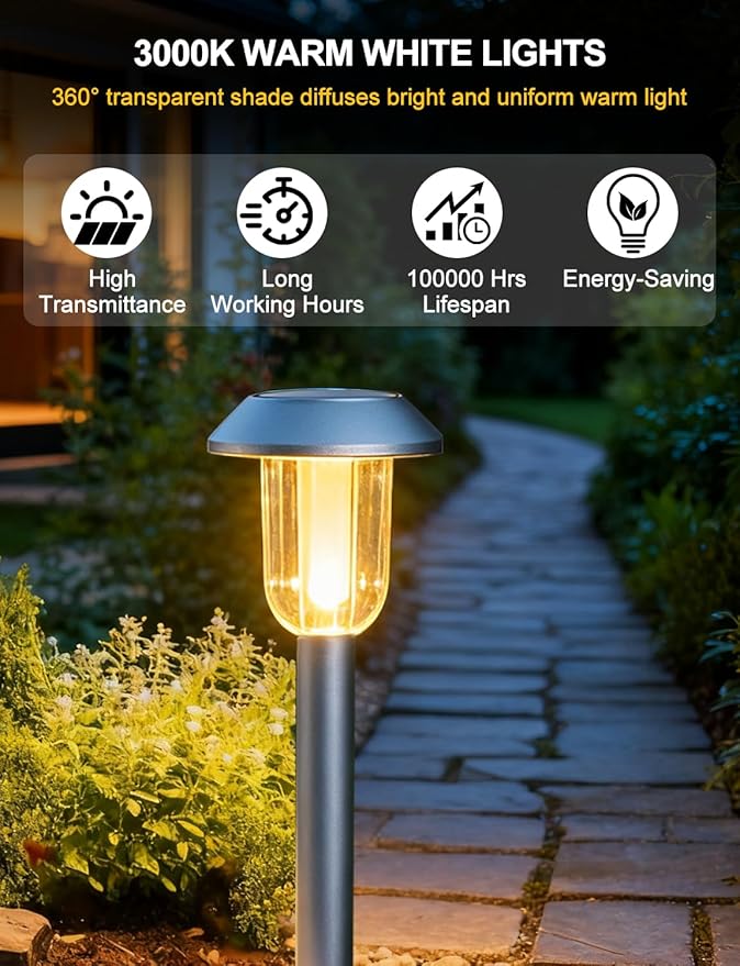 Solar Pathway Lights Outdoor 8 Pack Solar Powered Garden Lights 3000K Warm White Outside Waterproof Decor Landscape Lighting Auto On/Off Outdoor Walkway Light for Garden Yard Driveway Lawn