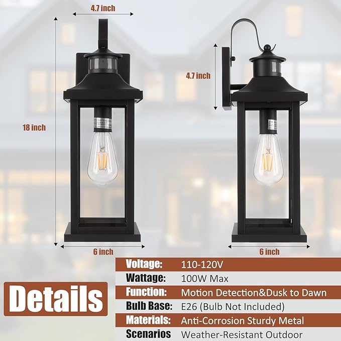 1-Pack 18 Inch Motion Sensor Front Porch Light IP65 Waterproof Large Black Dusk to Dawn Outdoor Wall Lighting for House Exterior Light Fixture Clear Glass Garage Coach Light E26 Bulb Base