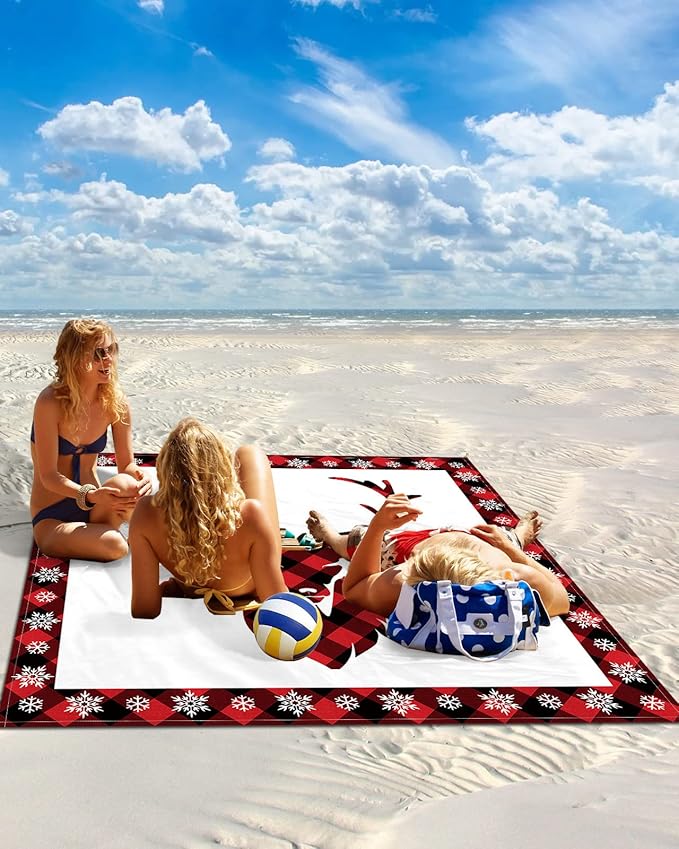 Beach Blanket Waterproof Sandproof Christmas Reindeer Snowflake Quick Drying Beach Mat with 4 Stakes Red Black Buffalo Check Lightweight Picnic Blanket for Travel Camping Outdoor 83x79