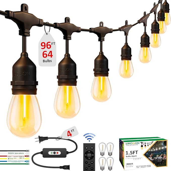 100FT LED Outdoor String Lights with 60+4 Waterproof Bulbs(1.5FT Bulbs Spacing) Remote &amp Dimmer Commercial Grade Patio Lights with 3 Mode Light &amp Timing 100PC Ties