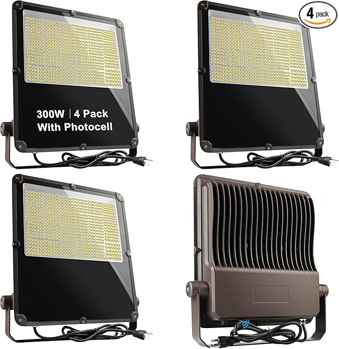 Lightdot 300W Outdoor Flood Lights AC100-277V LED Stadium Lights 45000Lm (1200W Eqv.) LED Flood Lights with Photocell IP65 Waterproof Area Lighting for Backyard/Stadium-4Pack 5Yrs Warranty