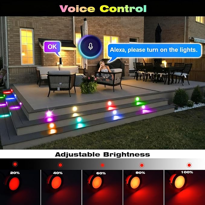 FVTLED Recessed LED Deck Lights Kit Φ1.77 Low Voltage WiFi Pixel RGBW+IC Deck Lighting Work with Alexa/Google Home IP67 Waterproof Outdoor Step Lights DC12V for GardenStepsStair(10 Pack Black)